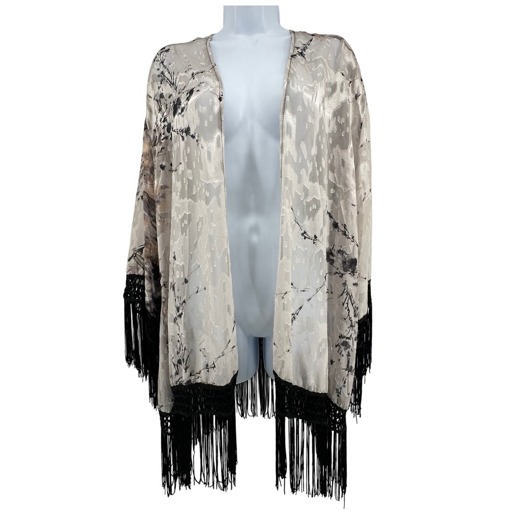 Sans Souci Kimono Cardigan Womens M Gray Black Floral Fringe Artsy Festival